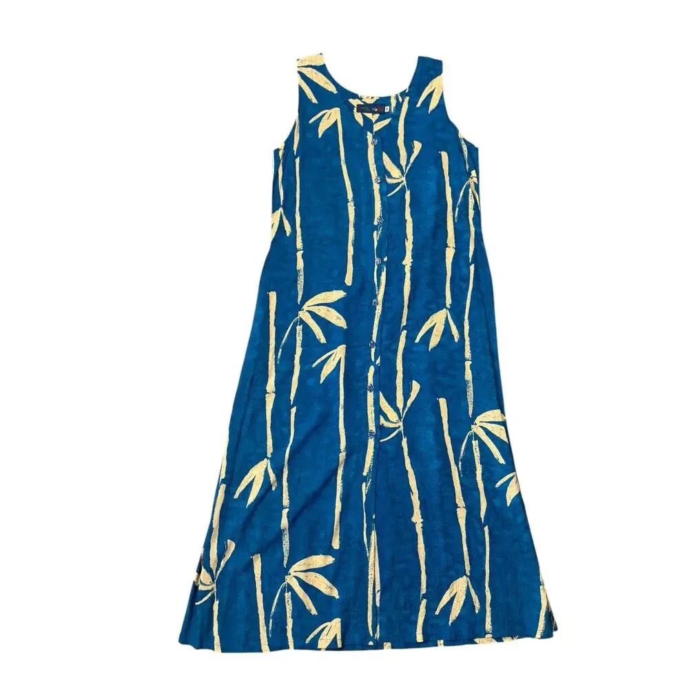 Vintage 80's Jams World Tropical Bamboo Print Maxi Dress M Resort Beach Hawaiian - Picture 7 of 13